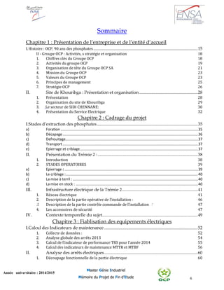 6
Année universitaire : 2014/2015
Master Génie Industriel
Mémoire du Projet de Fin d’Etude
Sommaire
Chapitre 1 : Présentation de l’entreprise et de l’entité d’accueil
I.Histoire : OCP, 90 ans des phosphates...............................................................................................15
II - Groupe OCP : Activités, s stratégie et organisation 18
1. Chiffres clés du Groupe OCP 18
2. Activités du groupe OCP 19
3. Organisation de tête du Groupe OCP SA 21
4. Mission du Groupe OCP 23
5. Valeurs du Groupe OCP 23
6. Principes de management 25
7. Stratégie OCP 26
II. Site de Khouribga : Présentation et organisation .....................................................28
1. Présentation 28
2. Organisation du site de Khouribga 29
3. Le secteur de SIDI CHENNANE: 30
4. Présentation du Service Electrique 32
Chapitre 2 : Cadrage du projet
I.Stades d’extraction des phosphates............................................................................................35
a) Foration ........................................................................................................................................35
b) Décapage......................................................................................................................................36
c) Defrouitage...................................................................................................................................37
d) Transport......................................................................................................................................37
e) Epierrage et criblage.....................................................................................................................37
II. Présentation du Trémie 2 :...........................................................................................38
1. Introduction 38
2. STADES OPERATOIRES 39
a) Epierrage : ....................................................................................................................................39
b) Le criblage :...................................................................................................................................40
c) La mise à terril : ............................................................................................................................40
d) La mise en stock : .........................................................................................................................40
III. Infrastructure électrique de la Trémie 2.....................................................................41
1. Réseau électrique 41
2. Description de la partie opérative de l’installation : 46
3. Description de la partie contrôle commande de l’installation : 47
4. Les accessoires de sécurité 47
IV. Contexte temporelle du sujet.......................................................................................49
Chapitre 3 : Fiablisation des equipements électriques
I.Calcul des Indicateurs de maintenance .....................................................................................52
1. Collecte de données : 52
2. Analyse globale des arrêts 2013 54
3. Calcul de l’indicateur de performance TRS pour l’année 2014 55
4. Calcul des indicateurs de maintenance MTTR et MTBF 56
II. Analyse des arrêts électriques.....................................................................................60
1. Découpage fonctionnelle de la partie électrique 60
 