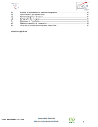 8
Année universitaire : 2014/2015
Master Génie Industriel
Mémoire du Projet de Fin d’Etude
b) Planning de déploiement du standard consignation ...................................................................95
c) Constitution du groupe de travail : ..............................................................................................95
d) Formation du groupe de travail....................................................................................................95
e) Cartographie des énergies :..........................................................................................................95
f) Découpage de l’installation..........................................................................................................96
g) Réalisation des plans de consignation :........................................................................................96
h) Choix des accessoires de consignation nécessaires :.................................................................97
Conclusion générale
 