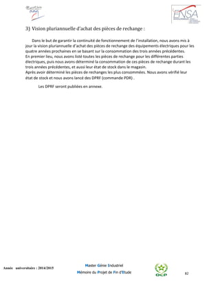 82
Année universitaire : 2014/2015
Master Génie Industriel
Mémoire du Projet de Fin d’Etude
3) Vision pluriannuelle d’achat des pièces de rechange :
Dans le but de garantir la continuité de fonctionnement de l’installation, nous avons mis à
jour la vision pluriannuelle d’achat des pièces de rechange des équipements électriques pour les
quatre années prochaines en se basant sur la consommation des trois années précédentes.
En premier lieu, nous avons listé toutes les pièces de rechange pour les différentes parties
électriques, puis nous avons déterminé la consommation de ces pièces de rechange durant les
trois années précédentes, et aussi leur état de stock dans le magasin.
Après avoir déterminé les pièces de rechanges les plus consommées. Nous avons vérifié leur
état de stock et nous avons lancé des DPRF (commande PDR) .
Les DPRF seront publiées en annexe.
 