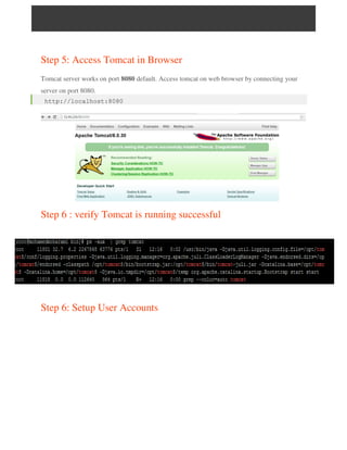 Step 5: Access Tomcat in Browser
Tomcat server works on port 8080 default. Access tomcat on web browser by connecting your
server on port 8080.
http://localhost:8080
Step 6 : verify Tomcat is running successful
Step 6: Setup User Accounts
 