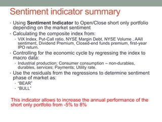 Sentiment indicator summary
• Using Sentiment Indicator to Open/Close short only portfolio
depending on the market sentime...