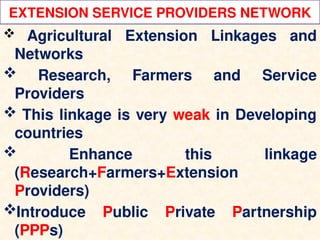 EXTENSION SERVICE PROVIDERS NETWORK
 Agricultural Extension Linkages and
Networks
 Research, Farmers and Service
Providers
 This linkage is very weak in Developing
countries
 Enhance this linkage
(Research+Farmers+Extension
Providers)
Introduce Public Private Partnership
(PPPs)
 