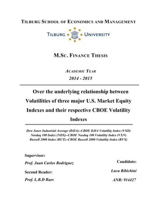 TILBURG SCHOOL OF ECONOMICS AND MANAGEMENT
Over the underlying relationship between
Volatilities of three major U.S. Market Equity
Indexes and their respective CBOE Volatility
Indexes
Supervisor:
Prof. Juan Carlos Rodríguez
Second Reader:
Prof. L.B.D Raes
Candidate:
Luca Ribichini
ANR: 914427
Dow Jones Industrial Average (DJIA)--CBOE DJIA Volatility Index (VXD)
Nasdaq 100 Index (NDX)--CBOE Nasdaq 100 Volatility Index (VXN)
Russell 2000 Index (RUT)--CBOE Russell 2000 Volatility Index (RVX)
M.SC. FINANCE THESIS
ACADEMIC YEAR
2014 - 2015
 