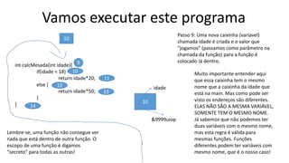 Vamos executar este programa
int calcMesada(int idade){
if(idade < 18)
return idade*20;
else {
return idade*50;
}
}
Passo 9: Uma nova caixinha (varíavel)
chamada idade é criada e o valor que
“jogamos” (passamos como parâmetro na
chamada da função) para a função é
colocado lá dentro.
10
9
10
11
12
13
14
10
idade
&9999uiop
Muito importante entender aqui
que essa caixinha tem o mesmo
nome que a caixinha da idade que
está na main. Mas como pode ser
visto os endereços são diferentes.
ELAS NÃO SÃO A MESMA VARIÁVEL,
SOMENTE TEM O MESMO NOME.
Já sabemos que não podemos ter
duas variáveis com o mesmo nome,
mas esta regra é válida para
mesmas funções. Funções
diferentes podem ter variáveis com
mesmo nome, que é o nosso caso!
Lembre-se, uma função não consegue ver
nada que está dentro de outra função. O
escopo de uma função é digamos
“secreto” para todas as outras!
 
