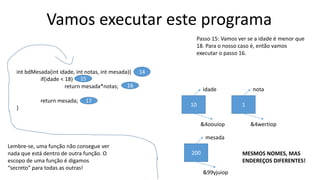 Vamos executar este programa
int bdMesada(int idade, int notas, int mesada){
if(idade < 18)
return mesada*notas;
return mesada;
}
Passo 15: Vamos ver se a idade é menor que
18. Para o nosso caso é, então vamos
executar o passo 16.
14
15
16
17
Lembre-se, uma função não consegue ver
nada que está dentro de outra função. O
escopo de uma função é digamos
“secreto” para todas as outras!
200
mesada
&99yjuiop
10
idade
&4oouiop
1
nota
&4wertiop
MESMOS NOMES, MAS
ENDEREÇOS DIFERENTES!
 