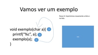 Vamos ver um exemplo
void exemplo(char a){
printf(“%c”, a);
exemplo(a);
}
3
4
5
Passo 4: Imprimimos novamente a letra c
na tela.
ccc
 