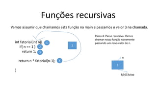 Funções recursivas
Vamos assumir que chamamos esta função na main e passamos o valor 3 na chamada.
int fatorial(int n){
if( n == 1 )
return 1;
return n * fatorial(n-1);
}
1
2
3
4
Passo 4: Passo recursivo. Vamos
chamar nossa função novamente
passando um novo valor de n.
3
n
&3633uiop
2
 