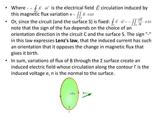 • Where is the electrical field circulation induced by
this magnetic flux variation
• Or, since the circuit (and the surface S) is fixed:
note that the sign of the fux depends on the choice of an
orientation direction in the circuit C and the surface S. The sign "-"
in this law expresses Lenz's law, that the induced current has such
an orientation that it opposes the change in magnetic flux that
gives it birth.
• In sum, variations of flux of B through the Σ surface create an
induced electric field whose circulation along the contour Γ is the
induced voltage e, n is the normal to the surface.
 