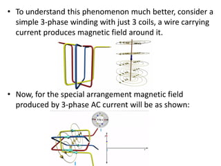 • To understand this phenomenon much better, consider a
simple 3-phase winding with just 3 coils, a wire carrying
current produces magnetic field around it.
• Now, for the special arrangement magnetic field
produced by 3-phase AC current will be as shown:
 