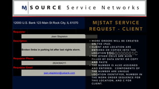 M | S TAT S E R V I C E
R E Q U E S T - C L I E N T
• W O R K O R D E R S W I L L B E C R E AT E D
O N T H E I PA D .
• C L I E N T A N D L O C AT I O N A R E
E N T E R E D O R C O P I E D I N T O T H E
L O C AT I O N C E L L .
• T H E O T H E R C E L L S A R E A L S O
F I L L E D B Y D ATA E N T RY O R C O P Y
A N D PA S T E
• T H E N U M B E R I S A L S O A S S I G N E D
A N D E N T E R E D . C O M P O N E N T S O F
T H E N U M B E R A R E U N I Q U E
L O C AT I O N I D E N T I F Y E R , N U M B E R I N
T H E W O R K O R D E R S E Q U E N C E F O R
T H I S L O C AT I O N , A N D C F O R
C L I E N T.
 