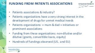 1
FUNDING FROM PATIENTS ASSOCIATIONS
• Patients associations & industry?
• Patients organizations have a very strong interest in the
development of drugs for unmet medical needs
• Patients organizations: « mum & dad » initiatives or
prominent associations
• Funding from these organizations: non-dilutive and/or
dilutive (grants, convertible loans, equity)
• Hundreds of fundings observed (US.. and EU)
 