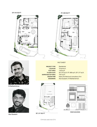 126 • inside outside march 2016
FACT SHEET
	 PROJECT TYPE	 Residential
	 LOCATION	 Trivandrum
	 PLOT AREA	 1146 sq ft
	 FLOOR PLATE	 GF: 615 sq ft, FF: 699 sq ft, SF: 217 sq ft.
	 SUPER BUILTUP AREA	 1531 sq ft
	 DESIGN FIRM	 Keerti Architectural consultancy firm
	 DESIGNERS	 Abul Quassim, N Radhakrishnan
Abul Quassim
N Radhakrishnan
GF: 615 SQ FT FF: 699 SQ FT
SF: 217 SQ FT
 
