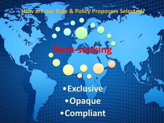 How are our Rule & Policy Proposers Selected?
Rent-seeking
•Exclusive
•Opaque
•Compliant
 