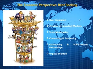 The Economic Perspective: Rent Seeking
 Over regulation
 Creation of Imperfect Markets
 State Monopolies
 Contracting & Purchasing
 Outsourcing & Public-Private
Partnerships
 Impact-oriented
 