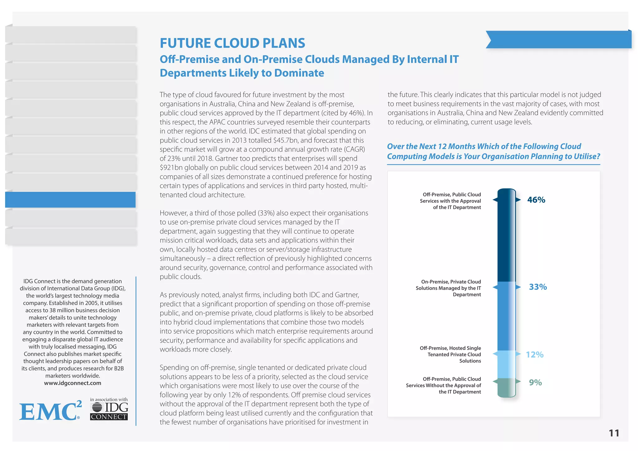 11
in association with
IDG Connect is the demand generation
division of International Data Group (IDG),
the world’s largest technology media
company. Established in 2005, it utilises
access to 38 million business decision
makers’details to unite technology
marketers with relevant targets from
any country in the world. Committed to
engaging a disparate global IT audience
with truly localised messaging, IDG
Connect also publishes market specific
thought leadership papers on behalf of
its clients, and produces research for B2B
marketers worldwide.
www.idgconnect.com
Over the Next 12 Months Which of the Following Cloud
Computing Models is Your Organisation Planning to Utilise?
Off-Premise, Public Cloud
Services with the Approval
of the IT Department
On-Premise, Private Cloud
Solutions Managed by the IT
Department
Off-Premise, Hosted Single
Tenanted Private Cloud
Solutions
Off-Premise, Public Cloud
Services Without the Approval of
the IT Department
46%
33%
12%
9%
FUTURE CLOUD PLANS
Off-Premise and On-Premise Clouds Managed By Internal IT
Departments Likely to Dominate
The type of cloud favoured for future investment by the most
organisations in Australia, China and New Zealand is off-premise,
public cloud services approved by the IT department (cited by 46%). In
this respect, the APAC countries surveyed resemble their counterparts
in other regions of the world. IDC estimated that global spending on
public cloud services in 2013 totalled $45.7bn, and forecast that this
specific market will grow at a compound annual growth rate (CAGR)
of 23% until 2018. Gartner too predicts that enterprises will spend
$921bn globally on public cloud services between 2014 and 2019 as
companies of all sizes demonstrate a continued preference for hosting
certain types of applications and services in third party hosted, multi-
tenanted cloud architecture.
However, a third of those polled (33%) also expect their organisations
to use on-premise private cloud services managed by the IT
department, again suggesting that they will continue to operate
mission critical workloads, data sets and applications within their
own, locally hosted data centres or server/storage infrastructure
simultaneously – a direct reflection of previously highlighted concerns
around security, governance, control and performance associated with
public clouds.
As previously noted, analyst firms, including both IDC and Gartner,
predict that a significant proportion of spending on those off-premise
public, and on-premise private, cloud platforms is likely to be absorbed
into hybrid cloud implementations that combine those two models
into service propositions which match enterprise requirements around
security, performance and availability for specific applications and
workloads more closely.
Spending on off-premise, single tenanted or dedicated private cloud
solutions appears to be less of a priority, selected as the cloud service
which organisations were most likely to use over the course of the
following year by only 12% of respondents. Off premise cloud services
without the approval of the IT department represent both the type of
cloud platform being least utilised currently and the configuration that
the fewest number of organisations have prioritised for investment in
the future. This clearly indicates that this particular model is not judged
to meet business requirements in the vast majority of cases, with most
organisations in Australia, China and New Zealand evidently committed
to reducing, or eliminating, current usage levels.
State of Hybrid Cloud
Research Highlights
Introduction
Current Cloud Usage
Objectives
Barriers to Public Cloud
Workloads
Cost Strategies
Barriers to Hybrid Cloud
On Demand Provisioning
Future Cloud Plans
Conclusion
About EMC
 