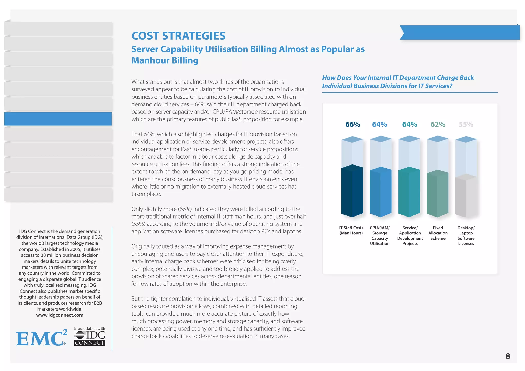 8
in association with
IDG Connect is the demand generation
division of International Data Group (IDG),
the world’s largest technology media
company. Established in 2005, it utilises
access to 38 million business decision
makers’details to unite technology
marketers with relevant targets from
any country in the world. Committed to
engaging a disparate global IT audience
with truly localised messaging, IDG
Connect also publishes market specific
thought leadership papers on behalf of
its clients, and produces research for B2B
marketers worldwide.
www.idgconnect.com
How Does Your Internal IT Department Charge Back
Individual Business Divisions for IT Services?
IT Staff Costs
(Man Hours)
CPU/RAM/
Storage
Capacity
Utilisation
Service/
Application
Development
Projects
Fixed
Allocation
Scheme
Desktop/
Laptop
Software
Licenses
66% 64% 64% 62% 55%
COST STRATEGIES
Server Capability Utilisation Billing Almost as Popular as
Manhour Billing
What stands out is that almost two thirds of the organisations
surveyed appear to be calculating the cost of IT provision to individual
business entities based on parameters typically associated with on
demand cloud services – 64% said their IT department charged back
based on server capacity and/or CPU/RAM/storage resource utilisation
which are the primary features of public IaaS proposition for example.
That 64%, which also highlighted charges for IT provision based on
individual application or service development projects, also offers
encouragement for PaaS usage, particularly for service propositions
which are able to factor in labour costs alongside capacity and
resource utilisation fees. This finding offers a strong indication of the
extent to which the on demand, pay as you go pricing model has
entered the consciousness of many business IT environments even
where little or no migration to externally hosted cloud services has
taken place.
Only slightly more (66%) indicated they were billed according to the
more traditional metric of internal IT staff man hours, and just over half
(55%) according to the volume and/or value of operating system and
application software licenses purchased for desktop PCs and laptops.
Originally touted as a way of improving expense management by
encouraging end users to pay closer attention to their IT expenditure,
early internal charge back schemes were criticised for being overly
complex, potentially divisive and too broadly applied to address the
provision of shared services across departmental entities, one reason
for low rates of adoption within the enterprise.
But the tighter correlation to individual, virtualised IT assets that cloud-
based resource provision allows, combined with detailed reporting
tools, can provide a much more accurate picture of exactly how
much processing power, memory and storage capacity, and software
licenses, are being used at any one time, and has sufficiently improved
charge back capabilities to deserve re-evaluation in many cases.
State of Hybrid Cloud
Research Highlights
Introduction
Current Cloud Usage
Objectives
Barriers to Public Cloud
Workloads
Cost Strategies
Barriers to Hybrid Cloud
On Demand Provisioning
Future Cloud Plans
Conclusion
About EMC
 