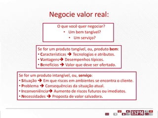 Negocie valor real:
O que você quer negociar?
• Um bem tangível?
• Um serviço?
Se for um produto tangível, ou, produto bem:
• Características  Tecnologias e atributos.
• Vantagens Desempenhos típicos.
• Benefícios  Valor que deve ser ofertado.
Se for um produto intangível, ou, serviço:
• Situação  Em que riscos em ambientes se encontra o cliente.
• Problema  Consequências da situação atual.
• Inconveniência Aumento de riscos futuros ou imediatos.
• Necessidades  Proposta de valor salvadora.
 