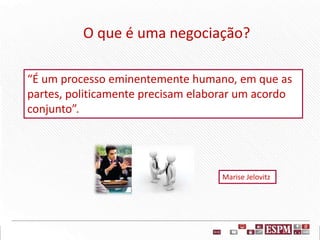 “É um processo eminentemente humano, em que as
partes, politicamente precisam elaborar um acordo
conjunto”.
Marise Jelovitz
O que é uma negociação?
 