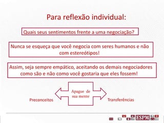Quais seus sentimentos frente a uma negociação?
Para reflexão individual:
Nunca se esqueça que você negocia com seres humanos e não
com estereótipos!
Assim, seja sempre empático, aceitando os demais negociadores
como são e não como você gostaria que eles fossem!
Apague de
sua mente
Preconceitos Transferências
 