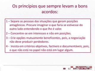 Os princípios que sempre levam a bons
acordos:
1 – Separe as pessoas das situações que geram posições
antagônicas. Procure imaginar o que faria se estivesse do
outro lado entendendo o que lhe é valor.
2 – Concentre-se em interesses e não em posições.
3 – Crie opções mutuamente beneficentes, pois, a negociação
não deve produzir perdedores.
4 - Insista em critérios objetivos, factíveis e documentáveis, pois,
o que não está no papel não está em lugar algum.
 