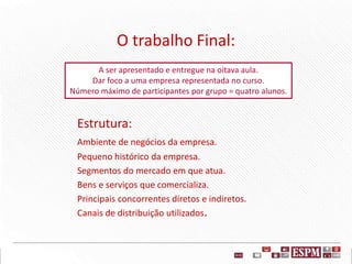O trabalho Final:
Estrutura:
Ambiente de negócios da empresa.
Pequeno histórico da empresa.
Segmentos do mercado em que atua.
Bens e serviços que comercializa.
Principais concorrentes diretos e indiretos.
Canais de distribuição utilizados.
A ser apresentado e entregue na oitava aula.
Dar foco a uma empresa representada no curso.
Número máximo de participantes por grupo = quatro alunos.
 