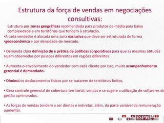 Estrutura por zonas geográficas recomendada para produtos de média para baixa
complexidade e em territórios que tendem à saturação.
•A cada vendedor é alocada uma zona exclusiva que deve ser estruturada de forma
•geoeconômica e por densidade de mercado.
• Demanda clara definição de e prática de políticas corporativos para que as mesmas atitudes
sejam observadas por pessoas diferentes em regiões diferentes.
• Aumenta o envolvimento do vendedor com cada cliente por isso, muito acompanhamento
gerencial é demandado.
• Diminui os deslocamentos físicos por se tratarem de territórios finitos.
• Gera controle gerencial de cobertura territorial, vendas e se sugere a utilização de softwares de
gestão aprimorados.
• As forças de vendas tendem a ser diretas e indiretas, além, da parte variável da remuneração
aumentar.
Estrutura da força de vendas em negociações
consultivas:
 