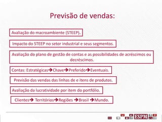 Previsão de vendas:
Avaliação do macroambiente (STEEP).
Impacto do STEEP no setor industrial e seus segmentos.
Avaliação do plano de gestão de contas e as possibilidades de acréscimos ou
decréscimos.
Previsão das vendas das linhas de e itens de produtos.
Avaliação da lucratividade por item do portfólio.
Clientes TerritóriosRegiões Brasil Mundo.
Contas: EstratégicasChavePreferidoEventuais.
 