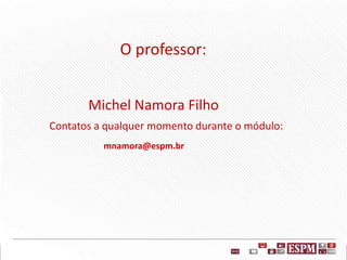 O professor:
Michel Namora Filho
Contatos a qualquer momento durante o módulo:
mnamora@espm.br
 