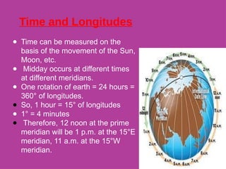 ● Time can be measured on the
basis of the movement of the Sun,
Moon, etc.
● Midday occurs at different times
at different meridians.
● One rotation of earth = 24 hours =
360° of longitudes.
● So, 1 hour = 15° of longitudes
● 1° = 4 minutes
● Therefore, 12 noon at the prime
meridian will be 1 p.m. at the 15°E
meridian, 11 a.m. at the 15°W
meridian.
Time and Longitudes
 