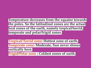 Temperature decreases from the equator towards
the poles. So the latitudinal zones are the actual
heat zones of the earth, namely tropical/torrid,
temperate and polar/frigid zones.
Tropical/Torrid zone: Hottest zone of earth.
Temperate zone: Moderate, Sun never shines
vertically here.
Frigid/Polar zone : Coldest zones of earth.
 