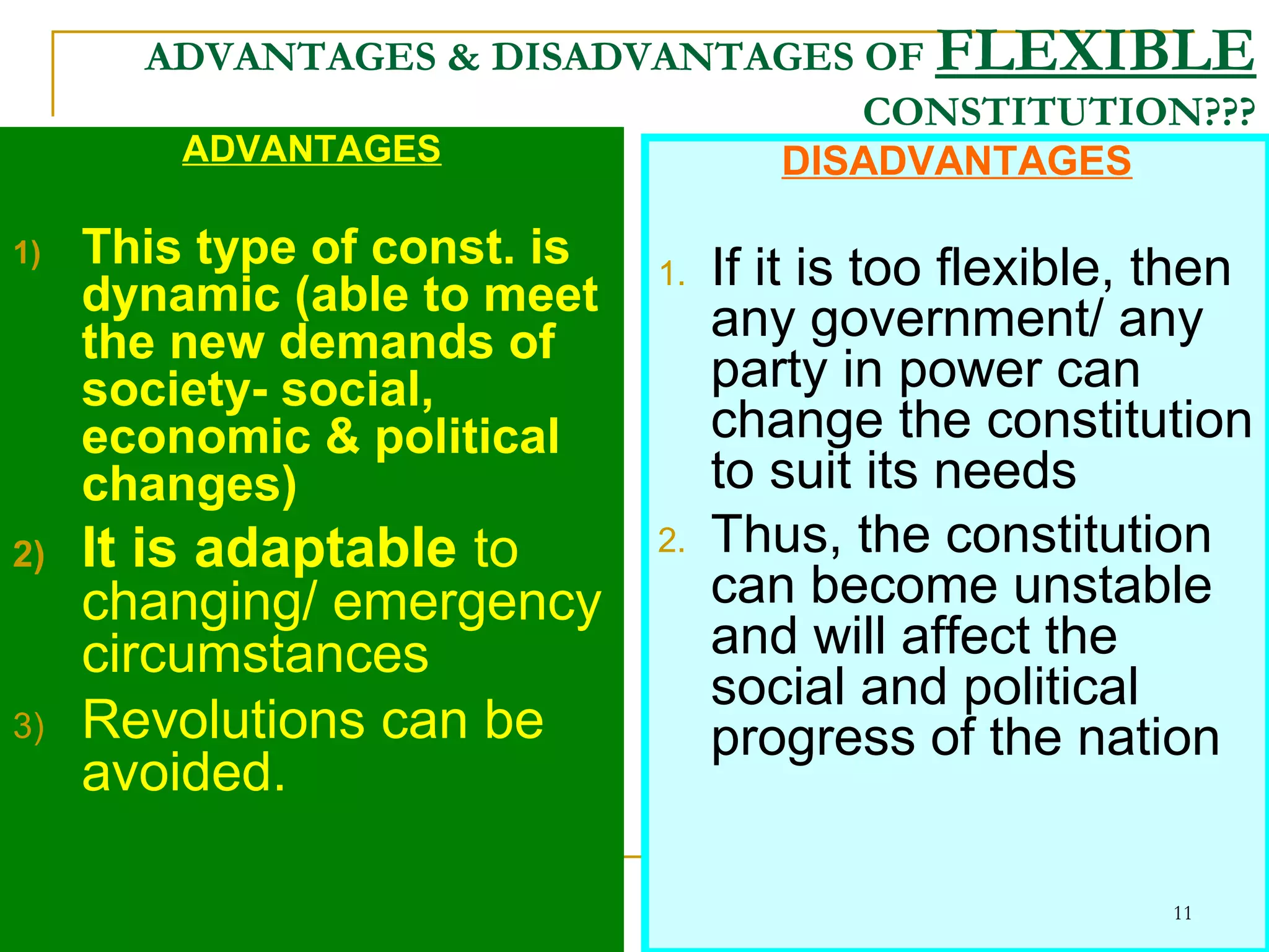 ADVANTAGES
1) This type of const. is
dynamic (able to meet
the new demands of
society- social,
economic & political
changes)
2) It is adaptable to
changing/ emergency
circumstances
3) Revolutions can be
avoided.
DISADVANTAGES
1. If it is too flexible, then
any government/ any
party in power can
change the constitution
to suit its needs
2. Thus, the constitution
can become unstable
and will affect the
social and political
progress of the nation
ADVANTAGES & DISADVANTAGES OF FLEXIBLE
CONSTITUTION???
11
 