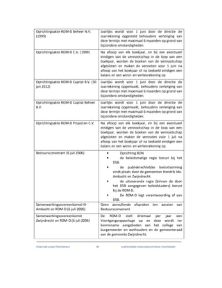 Onderzoek project Noordoevers 68 onafhankelijke onderzoekscommissie Drechtsteden
Oprichtingsakte ROM-D Beheer N.V.
(1999)
Jaarlijks wordt voor 1 juni door de directie de
Jaarrekening opgesteld behoudens verlenging van
deze termijn met maximaal 6 maanden op grond van
bijzondere omstandigheden.
Oprichtingsakte ROM-D C.V. (1999) Na afloop van elk boekjaar, en bij een eventueel
eindigen van de vennootschap in de loop van een
boekjaar, worden de boeken van de vennootschap
afgesloten en maken de vennoten voor 1 juni na
afloop van het boekjaar of na bedoeld eindigen een
balans en een winst- en verliesrekening op
Oprichtingsakte ROM-D Capital B.V. (30
jan 2012)
Jaarlijks wordt voor 1 juni door de directie de
Jaarrekening opgemaakt, behoudens verlenging van
deze termijn met maximaal 6 maanden op grond van
bijzondere omstandigheden.
Oprichtingsakte ROM-D Capital Beheer
B.V.
Jaarlijks wordt voor 1 juni door de directie de
Jaarrekening opgemaakt, behoudens verlenging van
deze termijn met maximaal 6 maanden op grond van
bijzondere omstandigheden.
Oprichtingsakte ROM-D Projecten C.V. Na afloop van elk boekjaar, en bij een eventueel
eindigen van de vennootschap in de loop van een
boekjaar, worden de boeken van de vennootschap
afgesloten en maken de vennoten voor 1 juli na
afloop van het boekjaar of na bedoeld eindigen een
balans en een winst- en verliesrekening op.
Bestuursconvenant (6 juli 2006) • Oprichting BON
• de beleidsmatige regie berust bij het
DSB.
• de publiekrechtelijke besluitvorming
vindt plaats door de gemeenten Hendrik Ido-
Ambacht en Zwijndrecht.
• de uitvoerende regie (binnen de door
het DSB aangegeven beleidskaders) berust
bij de ROM-D.
• De ROM-D legt verantwoording af aan
DSB.
Samenwerkingsovereenkomst HI-
Ambacht en ROM-D (6 juli 2006)
Geen aanvullende afspraken ten aanzien van
Bestuursconvenant
Samenwerkingsovereenkomst
Zwijndrecht en ROM-D (6 juli 2006)
De ROM-D stelt driemaal per jaar een
Voortgangsrapportage op en deze wordt ter
kennisname aangeboden aan het college van
burgemeester en wethouders en de gemeenteraad
van de gemeente Zwijndrecht.
 