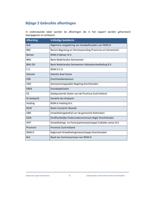 Onderzoek project Noordoevers 76 onafhankelijke onderzoekscommissie Drechtsteden
Bijlage 2 Gebruikte afkortingen
In onderstaande tabel worden de afkortingen die in het rapport worden gehanteerd
weergegeven en verklaard:
Afkorting Volledige betekenis
AvA Algemene vergadering van Aandeelhouders van ROM-D
BBV Besluit Begroting en Verantwoording Provincies en Gemeenten
Beheer ROM-D Beheer N.V.
BNG Bank Nederlandse Gemeenten
BNG GO Bank Nederlandse Gemeenten Gebiedsontwikkeling B.V.
C.V. ROM-D C.V.
Deloitte Deloitte Real Estate
DSB Drechtstedenbestuur
GRD Gemeenschappelijke Regeling Drechtsteden
GREX Grondexploitatie
GS Gedeputeerde Staten van de Provincie Zuid-Holland
HI-Ambacht Hendrik-Ido-Ambacht
Holding ROM-D Holding N.V.
NCW Netto Contante Waarde
OBR Ontwikkelingsbedrijf van de gemeente Rotterdam
OOD Onafhankelijke Onderzoekscommissie Regio Drechtsteden
OPP Ontwikkelings- en Participatiemaatschappij Publieke sector B.V.
Provincie Provincie Zuid-Holland
ROM-D Regionaal Ontwikkelingsmaatschappij Drechtsteden
RvC Raad van Commissarissen van ROM-D
 