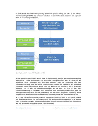Onderzoek project Noordoevers 86 onafhankelijke onderzoekscommissie Drechtsteden
In 2000 treedt het Ontwikkelingsbedrijf Rotterdam (hierna: OBR) toe tot C.V. en Beheer.
Hiermee verkrijgt ROM-D zijn juridische structuur en aandeelhouders, waarmee per 1 januari
2010 de onderzoeksperiode start.
Afbeelding 9: Juridische structuur ROM-D per 1 januari 2010
Bij de oprichting van ROM-D wordt door de deelnemende partijen een rendementsregeling
afgesproken. Onder voorbehoud van voldoende winstgevendheid van de projecten en
voldoende eigen vermogen zijn afspraken gemaakt over de uitbetaling van een
rendementsuitkering over het gestort Commanditair kapitaal met stemrecht. Als voldoende
rendement wordt gerealiseerd, wordt over het kapitaal met stemrecht van € 4.009.883
maximaal 7,5 % aan de overheidsinstellingen en de OBR en 12,5 % aan BNG
Gebiedsontwikkeling BV uitgekeerd, mits voldoende eigen vermogen aanwezig blijft voor het
verkrijgen van financiering van de ontwikkeling van de diverse projecten. Dit bedrag wordt
aangeduid als rendementsuitkering en bedraagt maximaal jaarlijks een nominaal bedrag van
€ 357.464. De rendementsuitkering wordt ingehouden indien dit nodig is voor de versterking
van het eigen vermogen. Tot 2005 werd jaarlijks een rendementsuitkering gedaan. In de periode
2005 tot en met 2009 werd jaarlijks binnen ROM-D besloten om deze uitkering in te houden dan
wel niet te doen ter versterking van het Eigen Vermogen.
 