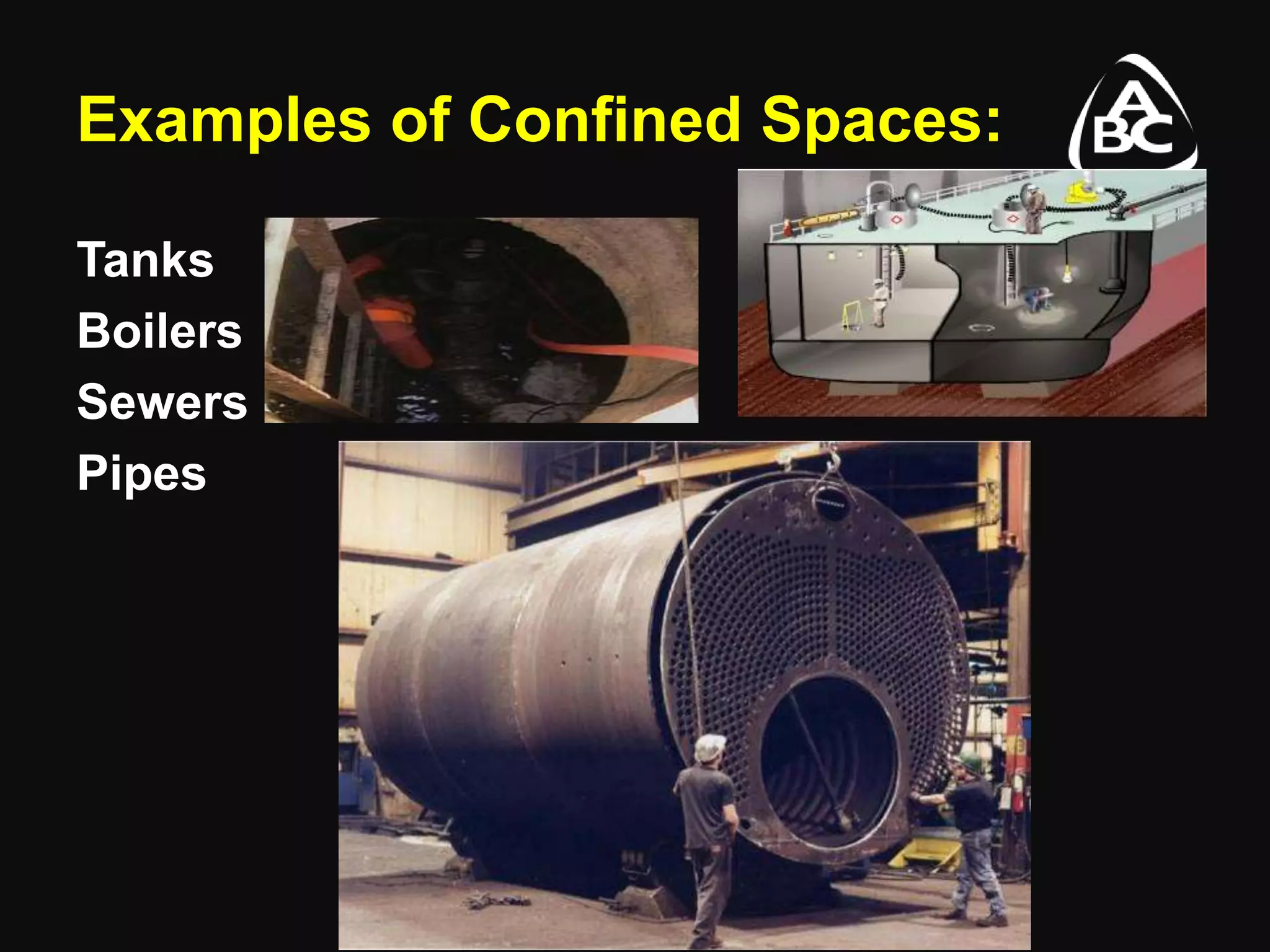 Examples of Confined Spaces:
Tanks
Boilers
Sewers
Pipes
 