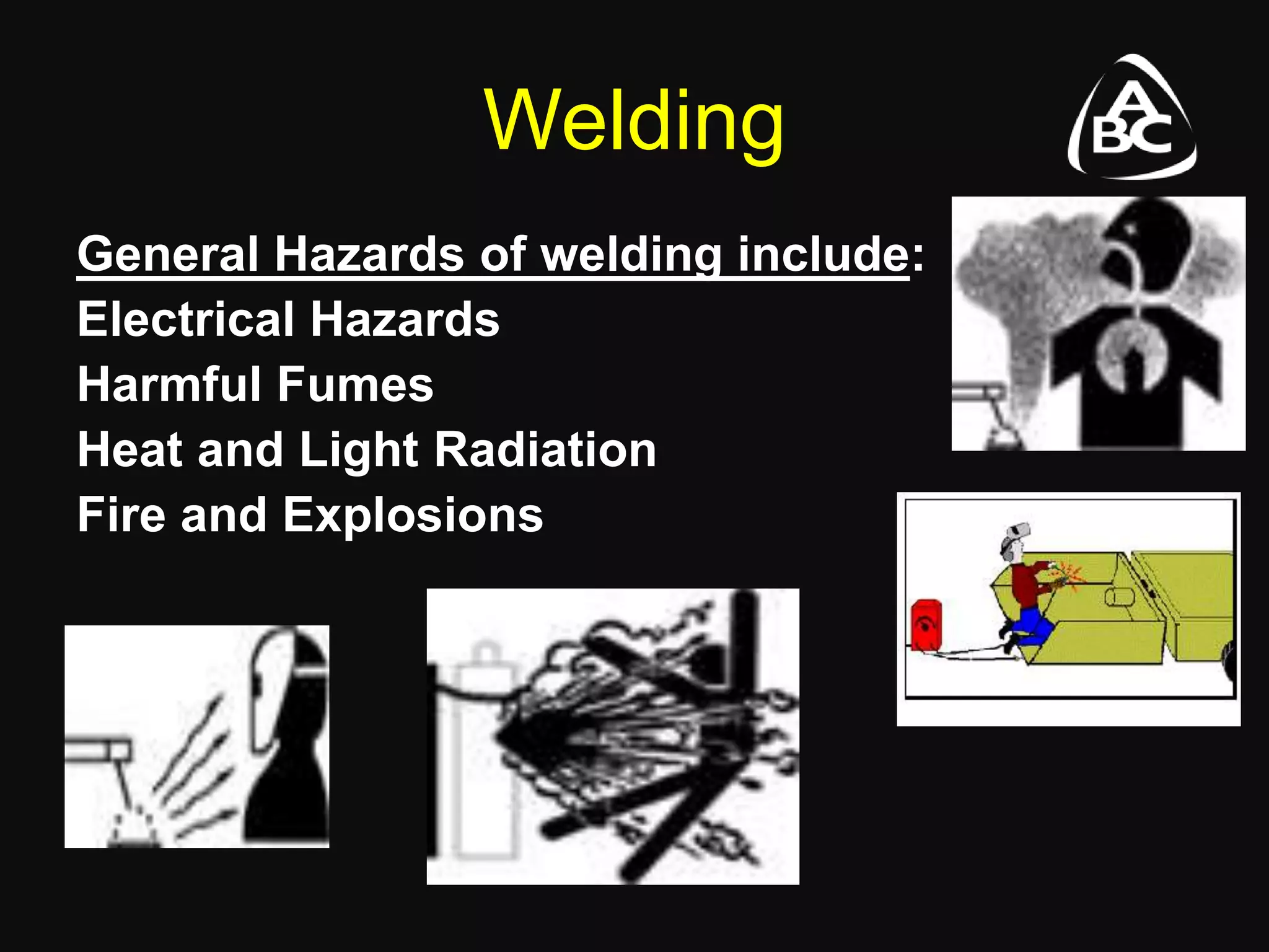 Welding
General Hazards of welding include:
Electrical Hazards
Harmful Fumes
Heat and Light Radiation
Fire and Explosions
 