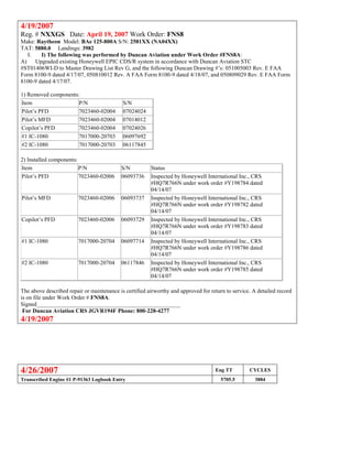 4/19/2007
Reg. # NXXGS Date: April 19, 2007 Work Order: FNS8
Make: Raytheon Model: BAe 125-800A S/N: 2581XX (NA04XX)
TAT: 5880.0 Landings: 3982
I. I) The following was performed by Duncan Aviation under Work Order #FNS8A:
A. A) Upgraded existing Honeywell EPIC CDS/R system in accordance with Duncan Aviation STC
#ST01406WI-D to Master Drawing List Rev G, and the following Duncan Drawing #’s: 051005003 Rev. E FAA
Form 8100-9 dated 4/17/07, 050810012 Rev. A FAA Form 8100-9 dated 4/18/07, and 050809029 Rev. E FAA Form
8100-9 dated 4/17/07.
1.
2. 1) Removed components:
Item P/N S/N
Pilot’s PFD 7023460-02004 07024024
Pilot’s MFD 7023460-02004 07014012
Copilot’s PFD 7023460-02004 07024026
#1 IC-1080 7017000-20703 06097692
#2 IC-1080 7017000-20703 06117845
2.
3. 2) Installed components:
Item P/N S/N Status
Pilot’s PFD 7023460-02006 06093736 Inspected by Honeywell International Inc., CRS
#HQ7R766N under work order #Y198784 dated
04/14/07
Pilot’s MFD 7023460-02006 06093737 Inspected by Honeywell International Inc., CRS
#HQ7R766N under work order #Y198782 dated
04/14/07
Copilot’s PFD 7023460-02006 06093729 Inspected by Honeywell International Inc., CRS
#HQ7R766N under work order #Y198783 dated
04/14/07
#1 IC-1080 7017000-20704 06097714 Inspected by Honeywell International Inc., CRS
#HQ7R766N under work order #Y198786 dated
04/14/07
#2 IC-1080 7017000-20704 06117846 Inspected by Honeywell International Inc., CRS
#HQ7R766N under work order #Y198785 dated
04/14/07
The above described repair or maintenance is certified airworthy and approved for return to service. A detailed record
is on file under Work Order # FNS8A.
Signed__________________________________________________
For Duncan Aviation CRS JGVR194F Phone: 800-228-4277
4/19/2007
4/26/2007 Eng TT CYCLES
Transcribed Engine #1 P-91363 Logbook Entry 5705.5 3884
 