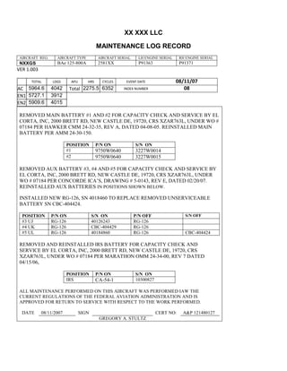 XX XXX LLC
MAINTENANCE LOG RECORD
AIRCRAFT REG: AIRCRAFT TYPE AIRCRAFT SERIAL LH ENGINE SERIAL RH ENGINE SERIAL
NXXGS BAe 125-800A 2581XX P91363 P91371
VER 1.003
TOTAL
Selection.Ho
meKey
unit:=wdSto
ry
Selection.M
oveDown
unit:=wdLin
e, Count:=4
Selection.Ho
meKey
unit:=wdLin
e
Selection.M
oveDown
unit:=wdLin
e, Count:=2
Selection.M
oveRight
unit:=wdCell
Selection
= ""
Selection.M
oveRight
unit:=wdCell
Selection
= ""
Selection.M
oveRight
unit:=wdCell
, Count:=2
Selection
= ""
Selection.M
oveDown
unit:=wdLin
LDGS APU HRS CYCLES EVENT DATE 08/11/07
AC
810
9.5
810
9.5
5964.6 4042 Total 2275.5 6352 INDEX NUMBER 08
EN1
798
8.2
798
8.2
N1
5727.1 3912
EN2
582
0
801
2.2
N2
5909.6 4015
REMOVED MAIN BATTERY #1 AND #2 FOR CAPACITY CHECK AND SERVICE BY EL
CORTA, INC, 2000 BRETT RD, NEW CASTLE DE, 19720, CRS XZAR763L, UNDER WO #
07184 PER HAWKER CMM 24-32-35, REV A, DATED 04-08-05. REINSTALLED MAIN
BATTERY PER AMM 24-30-150.
POSITION P/N ON S/N ON
#1 9750W0640 3227W0014
#2 9750W0640 3227W0015
REMOVED AUX BATTERY #3, #4 AND #5 FOR CAPACITY CHECK AND SERVICE BY
EL CORTA, INC, 2000 BRETT RD, NEW CASTLE DE, 19720, CRS XZAR763L, UNDER
WO # 07184 PER CONCORDE ICA’S, DRAWING # 5-0143, REV E, DATED 02/20/07.
REINSTALLED AUX BATTERIES IN POSITIONS SHOWN BELOW.
INSTALLED NEW RG-126, SN 4018460 TO REPLACE REMOVED UNSERVICEABLE
BATTERY SN CBC-404424.
POSITION P/N ON S/N ON P/N OFF S/N OFF
#3 UJ RG-126 40126243 RG-126
#4 UK RG-126 CBC-404429 RG-126
#5 UL RG-126 40184860 RG-126 CBC-404424
REMOVED AND REINSTALLED IRS BATTERY FOR CAPACITY CHECK AND
SERVICE BY EL CORTA, INC, 2000 BRETT RD, NEW CASTLE DE, 19720, CRS
XZAR763L, UNDER WO # 07184 PER MARATHON OMM 24-34-00, REV 7 DATED
04/15/06,
POSITION P/N ON S/N ON
IRS CA-54-1 10300827
ALL MAINTENANCE PERFORMED ON THIS AIRCRAFT WAS PERFORMED IAW THE
CURRENT REGULATIONS OF THE FEDERAL AVIATION ADMINISTRATION AND IS
APPROVED FOR RETURN TO SERVICE WITH RESPECT TO THE WORK PERFORMED.
DATE 08/11/2007 SIGN CERT NO: A&P 121480127
GREGORY A. STULTZ
 
