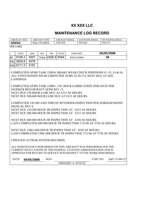 XX XXX LLC
MAINTENANCE LOG RECORD
AIRCRAFT REG: AIRCRAFT TYPE AIRCRAFT SERIAL LH ENGINE SERIAL RH ENGINE SERIAL
NXXGS BAe 125-800A 2581XX P91363 P91371
VER 1.003
TOTAL
Selection.Ho
meKey
unit:=wdSto
ry
Selection.M
oveDown
unit:=wdLin
e, Count:=4
Selection.Ho
meKey
unit:=wdLin
e
Selection.M
oveDown
unit:=wdLin
e, Count:=2
Selection.M
oveRight
unit:=wdCell
Selection
= ""
Selection.M
oveRight
unit:=wdCell
Selection
= ""
Selection.M
oveRight
unit:=wdCell
, Count:=2
Selection
= ""
Selection.M
LDGS APU HRS CYCLES EVENT DATE 04/05/2008
AC
810
9.5
810
9.5
6166.3 4207 Total 2426.4 6594 INDEX NUMBER 38
EN1
798
8.2
798
8.2
N1
5928.8 4078
EN2
582
0
801
2.2
N2
6111.3 4181
COMPLETED AFMS TASK 320036, BRAKE WEAR CHECK POSITIONS #1, #2, #3 & #4,
ALL UNITS WITHIN WEAR LIMITS PER AFMS 32-20-114. NEXT DUE AT 4282
LANDINGS.
COMPLETED AFMS TASK 120001, 150 HOUR LUBRICATION THIS DATE PER
HAWKER BEECHCRAFT AFMS REV 12.
NEXT DUE 150 HOUR LUBE DUE AT 6315 AF HOURS.
NEXT DUE 300/600 HOUR LUBE DUE AT 6315 AF HOURS.
COMPLETED 150-200 AND THRUST REVERSER INSPECTION PER NORDAM MAINT
MANUAL REV 4.
NEXT DUE 150-200 HOUR TR INSPECTION AT 6315 AF HOURS.
NEXT DUE 300-400 HOUR TR INSPECTION AT 6315 AF HOURS.
NEXT DUE 600-800 HOUR TR INSPECTION AT 6330 AF HOURS.
LAST COMPLETED 600-800 HOUR TR INSPECTION 7/21/06 AT 5730 AF HOURS.
NEXT DUE 1200-1400 HOUR TR INSPECTION AT 6930 AF HOURS.
LAST COMPLETED 1200-1400 HOUR TR INSPECTION 7/21/06 AT 5730 AF HOURS.
UPDATED AVTRAK SYSTEM RECORDS.
ALL MAINTENANCE PERFORMED ON THIS AIRCRAFT WAS PERFORMED IAW THE
CURRENT REGULATIONS OF THE FEDERAL AVIATION ADMINISTRATION AND IS
APPROVED FOR RETURN TO SERVICE WITH RESPECT TO THE WORK PERFORMED.
DATE 04/05/2008 SIGN CERT NO: A&P 121480127
GREGORY A. STULTZ
 