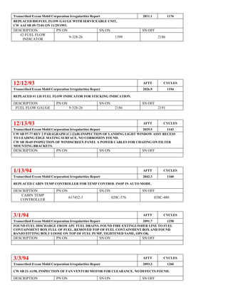 Transcribed Exxon Mobil Corporation Irregularities Report 2011.1 1176
REPLACED RH FUEL FLOW GAUGE WITH SERVICEABLE UNIT,
CW AAI SB 49-72-01 ON 11/29/1993.
DESCRIPTION PN ON SN ON SN OFF
#2 FUEL FLOW
INDICATOR
9-328-26 1399 2186
12/12/93 AFTT CYCLES
Transcribed Exxon Mobil Corporation Irregularities Report 2026.9 1194
REPLACED #1 LH FUEL FLOW INDICATOR FOR STICKING INDICATION.
DESCRIPTION PN ON SN ON SN OFF
FUEL FLOW GAUGE 9-328-26 2186 2191
12/13/93 AFTT CYCLES
Transcribed Exxon Mobil Corporation Irregularities Report 2029.5 1143
CW SB 57-77 REV 2 PARAGRAPH (C) (2)(B) INSPECTION OF LANDING LIGHT WINDOW ASSY RECESS
TO LEADING EDGE MATING SURFACE, NO CORROSION FOUND.
CW SB 30-65 INSPECTION OF WINDSCREEN PANEL A POWER CABLES FOR CHAFING ON FILTER
MOUNTING BRACKETS.
DESCRIPTION PN ON SN ON SN OFF
1/13/94 AFTT CYCLES
Transcribed Exxon Mobil Corporation Irregularities Report 2042.3 1160
REPLACED CABIN TEMP CONTROLLER FOR TEMP CONTROL INOP IN AUTO MODE.
DESCRIPTION PN ON SN ON SN OFF
CABIN TEMP
CONTROLLER
617452-3 020C-576 038C-480
3/1/94 AFTT CYCLES
Transcribed Exxon Mobil Corporation Irregularities Report 2091.7 1258
FOUND FUEL DISCHARGE FROM APU FUEL DRAINS, FOUND FIRE EXTINGUISHER LINE TO FUEL
CONTAINMENT BOX FULL OF FUEL. REMOVED TOP OF FUEL CONTAINMENT BOX AND FOUND
BANJO FITTING BOLT LOOSE ON TOP OF FUEL PUMP, TIGHTENED SAME, OPS OK.
DESCRIPTION PN ON SN ON SN OFF
3/3/94 AFTT CYCLES
Transcribed Exxon Mobil Corporation Irregularities Report 2093.2 1260
CW SB 21-A150, INSPECTION OF FAN VENTURI MOTOR FOR CLEARANCE. NO DEFECTS FOUND.
DESCRIPTION PN ON SN ON SN OFF
 