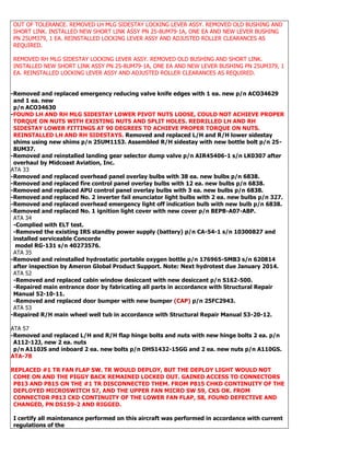 OUT OF TOLERANCE. REMOVED LH MLG SIDESTAY LOCKING LEVER ASSY. REMOVED OLD BUSHING AND
SHORT LINK. INSTALLED NEW SHORT LINK ASSY PN 25-8UM79-1A, ONE EA AND NEW LEVER BUSHING
PN 25UM379, 1 EA. REINSTALLED LOCKING LEVER ASSY AND ADJUSTED ROLLER CLEARANCES AS
REQUIRED.
REMOVED RH MLG SIDESTAY LOCKING LEVER ASSY. REMOVED OLD BUSHING AND SHORT LINK.
INSTALLED NEW SHORT LINK ASSY PN 25-8UM79-1A, ONE EA AND NEW LEVER BUSHING PN 25UM379, 1
EA. REINSTALLED LOCKING LEVER ASSY AND ADJUSTED ROLLER CLEARANCES AS REQUIRED.
-Removed and replaced emergency reducing valve knife edges with 1 ea. new p/n ACO34629
and 1 ea. new
p/n ACO34630
-FOUND LH AND RH MLG SIDESTAY LOWER PIVOT NUTS LOOSE, COULD NOT ACHIEVE PROPER
TORQUE ON NUTS WITH EXISTING NUTS AND SPLIT HOLES. REDRILLED LH AND RH
SIDESTAY LOWER FITTINGS AT 90 DEGREES TO ACHIEVE PROPER TORQUE ON NUTS.
REINSTALLED LH AND RH SIDESTAYS. Removed and replaced L/H and R/H lower sidestay
shims using new shims p/n 25UM1153. Assembled R/H sidestay with new bottle bolt p/n 25-
8UM37.
-Removed and reinstalled landing gear selector dump valve p/n AIR45406-1 s/n LK0307 after
overhaul by Midcoast Aviation, Inc.
ATA 33
-Removed and replaced overhead panel overlay bulbs with 38 ea. new bulbs p/n 6838.
-Removed and replaced fire control panel overlay bulbs with 12 ea. new bulbs p/n 6838.
-Removed and replaced APU control panel overlay bulbs with 3 ea. new bulbs p/n 6838.
-Removed and replaced No. 2 inverter fail enunciator light bulbs with 2 ea. new bulbs p/n 327.
-Removed and replaced overhead emergency light off indication bulb with new bulb p/n 6838.
-Removed and replaced No. 1 ignition light cover with new cover p/n BEPB-A07-ABP.
ATA 34
-Complied with ELT test.
-Removed the existing IRS standby power supply (battery) p/n CA-54-1 s/n 10300827 and
installed serviceable Concorde
model RG-131 s/n 40273576.
ATA 35
-Removed and reinstalled hydrostatic portable oxygen bottle p/n 176965-SMB3 s/n 620814
after inspection by Ameron Global Product Support. Note: Next hydrotest due January 2014.
ATA 52
-Removed and replaced cabin window desiccant with new desiccant p/n S162-500.
-Repaired main entrance door by fabricating all parts in accordance with Structural Repair
Manual 52-10-11.
-Removed and replaced door bumper with new bumper (CAP) p/n 25FC2943.
ATA 53
-Repaired R/H main wheel well tub in accordance with Structural Repair Manual 53-20-12.
ATA 57
-Removed and replaced L/H and R/H flap hinge bolts and nuts with new hinge bolts 2 ea. p/n
A112-12J, new 2 ea. nuts
p/n A110JS and inboard 2 ea. new bolts p/n DHS1432-15GG and 2 ea. new nuts p/n A110GS.
ATA-78
REPLACED #1 TR FAN FLAP SW. TR WOULD DEPLOY, BUT THE DEPLOY LIGHT WOULD NOT
COME ON AND THE PIGGY BACK REMAINED LOCKED OUT. GAINED ACCESS TO CONNECTORS
P813 AND P815 ON THE #1 TR DISCONNECTED THEM. FROM P815 CHKD CONTINUITY OF THE
DEPLOYED MICROSWITCH S7, AND THE UPPER FAN MICRO SW S9, CKS OK. FROM
CONNECTOR P813 CKD CONTINUITY OF THE LOWER FAN FLAP, S8, FOUND DEFECTIVE AND
CHANGED, PN DS159-2 AND RIGGED.
I certify all maintenance performed on this aircraft was performed in accordance with current
regulations of the
 