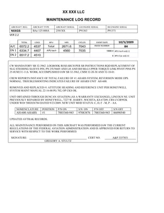 XX XXX LLC
MAINTENANCE LOG RECORD
AIRCRAFT REG: AIRCRAFT TYPE AIRCRAFT SERIAL LH ENGINE SERIAL RH ENGINE SERIAL
NXXGS BAe 125-800A 2581XX P91363 P91371
VER 2.2
TOTAL LDGS APU HRS CYCLES EVENT DATE 10/5/2009
A/C 6572.2 4537 Total 2671.6 7043 INDEX NUMBER 84
EN 1 6334.7 4407 APU tach 4560 7035 1888.4 APU tach adj (-)
EN 2 6517.2 4510 8 APU Cyc adj (+)
CW MANDATORY SB 32-3962. LOGBOOK RESEARCH PER SB INSTRUCTIONS RQD REPLACEMENT OF
NLG STEERING SLEEVE PIN, PN 25UN605 AND LH AND RH MLG UPPER TORQUE LINK PIVOT PINS PN
25-8UM131-11A. WORK ACCOMPLISHED IAW SB 32-3962, CMM 32-20-30 AND 32-10-01.
CREW REPORTS INSTANCE OF TOTAL FAILURE OF #1 AHARS SYSTEM, REVERSION MODE OPS
NORMAL. TROUBLESHOOTING INDICATES FAILURE OF AHARS UNIT AH-600.
REMOVED AND REPLACED #1 ATTITUDE HEADING AND REFERENCE UNIT PER HONEYWELL
SYSTEM MAINT MANUAL 22-16-00 PG 702, OP CKS OK.
UNIT OBTAINED THROUGH DUNCAN AVIATION (AS A WARRANTY EXCHANGE), LINCOLN NE. UNIT
PREVIOUSLY REPAIRED BY HONEYWELL, 7227 W. HARRY, WICHITA, KS 67209, CRS LV2R992K
UNDER WO# 5002836784 DATED 9/23/2009. NEW UNIT MOD STATUS: C, D, F - M, P – AA.
NOMENCLATURE POSITION P/N ON S/N ON P/N OFF S/N OFF
AH-600 AHARS #1 7003360-943 97083876 7003360-943 86090540
UPDATED AVTRAK RECORDS.
ALL MAINTENANCE PERFORMED ON THIS AIRCRAFT WAS PERFORMED IAW THE CURRENT
REGULATIONS OF THE FEDERAL AVIATION ADMINISTRATION AND IS APPROVED FOR RETURN TO
SERVICE WITH RESPECT TO THE WORK PERFORMED.
SIGNATURE: CERT NO: A&P 3357851
GREGORY A. STULTZ
 