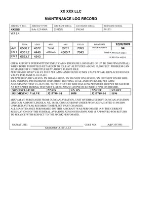 XX XXX LLC
MAINTENANCE LOG RECORD
AIRCRAFT REG: AIRCRAFT TYPE AIRCRAFT SERIAL LH ENGINE SERIAL RH ENGINE SERIAL
NXXGS BAe 125-800A 2581XX P91363 P91371
VER 2.4
TOTAL LDGS APU HRS CYCLES EVENT DATE 12/8/2009
A/C 6588.7 4572 Total 2701 7093 INDEX NUMBER 94
EN 1 6351.2 4440 APU tach 4565.7 7043 1888.4 APU tach adj (-)
EN 2 6533.7 4543 8 APU Cyc adj (+)
CREW REPORTS INTERMITTENT INFLT CABIN PRESSURE LOSS RATE OF UP TO 2000 FPM (INITIAL)
WHEN BOTH THROTTLES RETARDED TO IDLE AT ALTITUDES ABOVE 10,000 FEET. PROBLEM CAN
BE MASKED IF #1 THROTTLE KEPT ABOVE FLIGHT IDLE.
PERFORMED HP/LP VALVE TEST PER AMM AND FOUND #2 MIX VALVE WEAK. REPLACED RH MIX
VALVE PER AMM 21-10-35-401.
SWAPPED HP AIR VALVES, PN B01A2-14128A, SN 986 NOW ON LH SIDE, SN 1007 NOW ON RH SIDE.
RAN ENGINES, PRESSURIZED DISTURBED DUCTING, LEAK AND OP CKS OK PER AMM
ADJUSTMENT/TEST 21-10-35-501. NOTED THAT RH SIDE HAS LESS PRESSURE OUTPUT MEASURED
AT TEST PORT DURING TEST STEP 14 (ENG 50% N1) 20 PSI ON LH SIDE, 17 PSI ON RH SIDE.
NOMENCLATURE P/N ON S/N ON P/N OFF S/N OFF
RH MIXING VALVE 3213788-1-1 1058 3213788-1-1 1196
MIX VALVE PURCHASED FROM DUNCAN AVIATION, UNIT OVERHAULED BY DUNCAN AVIATION
LINCOLN AIRPORT/LINCOLN, NE, 68524, CRS# JGVR194F UNDER WO# UG5FA DATED 11/09/2009.
UPDATED AVTRAK RECORDS TO REFLECT PART CHANGES.
ALL MAINTENANCE PERFORMED ON THIS AIRCRAFT WAS PERFORMED IAW THE CURRENT
REGULATIONS OF THE FEDERAL AVIATION ADMINISTRATION AND IS APPROVED FOR RETURN
TO SERVICE WITH RESPECT TO THE WORK PERFORMED.
SIGNATURE: CERT NO: A&P 3357851
GREGORY A. STULTZ
 