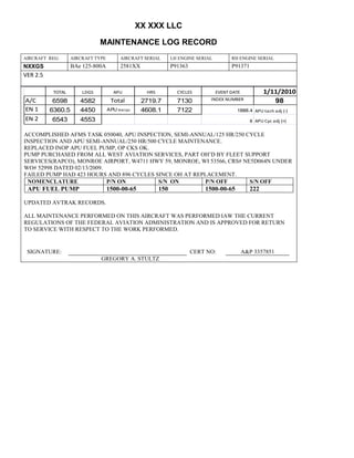 XX XXX LLC
MAINTENANCE LOG RECORD
AIRCRAFT REG: AIRCRAFT TYPE AIRCRAFT SERIAL LH ENGINE SERIAL RH ENGINE SERIAL
NXXGS BAe 125-800A 2581XX P91363 P91371
VER 2.5
TOTAL LDGS APU HRS CYCLES EVENT DATE 1/11/2010
A/C 6598 4582 Total 2719.7 7130 INDEX NUMBER 98
EN 1 6360.5 4450 APU hrs/cyc 4608.1 7122 1888.4 APU tach adj (-)
EN 2 6543 4553 8 APU Cyc adj (+)
ACCOMPLISHED AFMS TASK 050040, APU INSPECTION, SEMI-ANNUAL/125 HR/250 CYCLE
INSPECTION AND APU SEMI-ANNUAL/250 HR/500 CYCLE MAINTENANCE.
REPLACED INOP APU FUEL PUMP, OP CKS OK.
PUMP PURCHASED FROM ALL WEST AVIATION SERVICES, PART OH’D BY FLEET SUPPORT
SERVICES(RAPCO), MONROE AIRPORT, W4711 HWY 59, MONROE, WI 53566, CRS# NE5D064N UNDER
WO# 52998 DATED 02/13/2009.
FAILED PUMP HAD 423 HOURS AND 896 CYCLES SINCE OH AT REPLACEMENT.
NOMENCLATURE P/N ON S/N ON P/N OFF S/N OFF
APU FUEL PUMP 1500-00-65 150 1500-00-65 222
UPDATED AVTRAK RECORDS.
ALL MAINTENANCE PERFORMED ON THIS AIRCRAFT WAS PERFORMED IAW THE CURRENT
REGULATIONS OF THE FEDERAL AVIATION ADMINISTRATION AND IS APPROVED FOR RETURN
TO SERVICE WITH RESPECT TO THE WORK PERFORMED.
SIGNATURE: CERT NO: A&P 3357851
GREGORY A. STULTZ
 