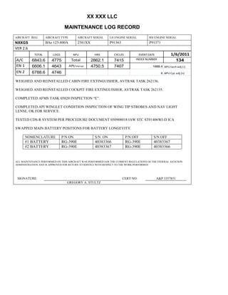 XX XXX LLC
MAINTENANCE LOG RECORD
AIRCRAFT REG: AIRCRAFT TYPE AIRCRAFT SERIAL LH ENGINE SERIAL RH ENGINE SERIAL
NXXGS BAe 125-800A 2581XX P91363 P91371
VER 2.6
TOTAL LDGS APU HRS CYCLES EVENT DATE 1/6/2011
A/C 6843.6 4775 Total 2862.1 7415 INDEX NUMBER 134
EN 1 6606.1 4643 APU hrs/cyc 4750.5 7407 1888.4 APU tach adj (-)
EN 2 6788.6 4746 8 APU Cyc adj (+)
WEIGHED AND REINSTALLED CABIN FIRE EXTINGUISHER, AVTRAK TASK 262136.
WEIGHED AND REINSTALLED COCKPIT FIRE EXTINGUISHER, AVTRAK TASK 262135.
COMPLETED AFMS TASK 05020 INSPECTION “E”.
COMPLETED API WINGLET CONDITION INSPECTION OF WING TIP STROBES AND NAV LIGHT
LENSE, OK FOR SERVICE.
TESTED CDS-R SYSTEM PER PROCEDURE DOCUMENT 050908018 IAW STC ST01406WI-D ICA
SWAPPED MAIN BATTERY POSITIONS FOR BATTERY LONGEVITY.
NOMENCLATURE P/N ON S/N ON P/N OFF S/N OFF
#1 BATTERY RG-390E 40383366 RG-390E 40383367
#2 BATTERY RG-390E 40383367 RG-390E 40383366
ALL MAINTENANCE PERFORMED ON THIS AIRCRAFT WAS PERFORMED IAW THE CURRENT REGULATIONS OF THE FEDERAL AVIATION
ADMINISTRATION AND IS APPROVED FOR RETURN TO SERVICE WITH RESPECT TO THE WORK PERFORMED.
SIGNATURE: CERT NO: A&P 3357851
GREGORY A. STULTZ
 