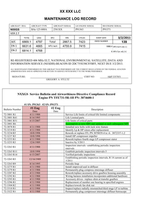 XX XXX LLC
MAINTENANCE LOG RECORD
AIRCRAFT REG: AIRCRAFT TYPE AIRCRAFT SERIAL LH ENGINE SERIAL RH ENGINE SERIAL
NXXGS BAe 125-800A 2581XX P91363 P91371
VER 2.7
TOTAL LDGS APU HRS CYCLES EVENT DATE 3/2/2011
A/C 6869.1 4797 Total 2867.5 7423 INDEX NUMBER
139
EN 1 6631.6 4665 APU tach 4755.9 7415 1888.4 APU tach adj (-)
EN 2 6814.1 4768 8 APU Cyc adj (+)
RE-REGISTERED 406 MHz ELT, NATIONAL ENVIRONMENTAL SATELLITE, DATA AND
INFORMATION SERVICE (NESDIS) BEACON ID 2DC755E58CFFBFF, NEXT DUE 3/2/2013.
ALL MAINTENANCE PERFORMED ON THIS AIRCRAFT WAS PERFORMED IAW THE CURRENT REGULATIONS OF THE FEDERAL AVIATION
ADMINISTRATION AND IS APPROVED FOR RETURN TO SERVICE WITH RESPECT TO THE WORK PERFORMED.
SIGNATURE: CERT NO: A&P 3357851
GREGORY A. STULTZ
NXXGS Service Bulletin and Airworthiness Directive Compliance Record
Engine PN TFE731-5R-1H PN: 3074600-1
#1 SN: P91363 #2 SN: P91371
Bulletin Number #1 Eng
Date
#2 Eng
Date
Description
72-3001 R1 4/11/1988 Service Life limits of critical life limited components
72-3001 R41 8/14/1995 Life Limited parts
72-3001 R51 6/15/2007 Life limits of critical parts
72-3001 R6 Accomplish at next MPI and updated at each subsequent MPI
72-3078 R1 4/11/1988 Installed new bolts with lock wire feature
72-3219 R1 4/11/1988 Identify Lp & HP rotors after replacement
72-3234 R5 10/8/1998 Rework or replace ITL PN 3070039-4 to -6. 3072337-1,2
72-3237 R3 10/8/1998 Install HP compressor impeller
72-3253 R1 4/11/1988 Rework/replace fourth stage LP compressor stator
72-3253 R3 12/6/1989 Inactive by 3/2011
72-3263 R1 4/11/1988
Inspection intervals –establishing periodic inspection
intervals
72-3263 R11 10/8/1998 Establish periodic inspection intervals-5
72-3263 R14 6/15/2007 Verified periodic inspections
72-3263 R3 12/16/1989
Establishing periodic inspection intervals, R 14 current as of
3/2011
72-3263 R9 8/14/1995 Periodic Insp
72-3275 R1 4/11/1988 Install improved seal in diffuser
72-3279 R1 4/11/1988 Permanently plug compress interstage diffuser
72-3287 R2 4/11/1988 Rework/replace accessory drive gearbox housing assembly
72-3292 R1 4/11/1988 Wiring harness installation incorporates additional hardware
72-3293 R1 4/11/1988 Accessory drives –replace shim at transfer gearbox
72-3296 R1 4/11/1988 Replacement of number one bearing in specified engines
72-3304 R2 4/11/1988 Replace/rework fan disk nut
72-3310 R1 4/11/1988 Inspect/replace radially mismatched third stage LP to turbine
72-3322 R1 4/11/1988 Permanently plug compressor interstage diffuser boroscope
 