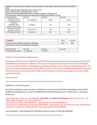 REMOVED AND REPLACED LOWER ANTI-COLLISION LIGHT. REPLACED WITH WHELEN FLASHING
UNIT.
REPLACED OXYGEN BARMATIC SELECTOR VALVE
REPLACED OXYGEN MASTER SUPPLY VALVE
REPLACED OXYGEN PRESSURE REGULATOR TO COMPLY WITH SB 35-45
CW SB 35-46 BY INSPECTION OF SYS FOR UNQUALIFIED FLEX HOSES, CKS OK.
DESCRIPTION PN ON SN ON SN OFF
WHELEN ANTI-
COLLISION LIGHT
010790044-03 01024 13910
OXYGEN
BAROMETRIC
SELECTOR VALVE
K38002/1 274 302
OXYGEN MASTER
SUPPLY VALVE
WKA35831/2 384 794
O2 PRESSURE REG WK29720/1 674 405
3/10/97 AFTT CYCLES
Transcribed Exxon Mobil Corporation CAMP Report 3179 2017
INSTALLED #1 GPS CONFIGURATION MODULE
DESCRIPTION PN ON SN ON SN OFF
#1 GPS CONFIG MOD 7014940-903 97011767
3/10/97 Info from 337 form in W&B manual:
Dual Honeywell GPS Sensor Units (GPSSU) PN HG2021GD02 were installed as sensors, and the single Honeywell IRS, PN
HG1075AE03 was integrated as a LRN Sensor. The systems provide nav and steering data to both pilots and FO flight
instruments and the autopilot. Lateral and vertical steering provided for enroute, terminal and approach operation. The
systems have operational approval for Oceanic IAW AC 20-130A, and TSO C129 C1/C3 North Atlantic MNPS airspace IAW
AC 91-49, Enroute and terminal IAW AC 20-130A, and TSO C129 C1/C3 and Non Precision Approach IAW AC 20-130A,
and TSO C129 C1/C3
Duncan Aviation
++++++++++++++++++++++++++++++++++++++++++++++++++++++++++++++++++
3/18/97 From 337 form this date:
Removed existing Grimes upper and lower rotating beacon assys and installed Whelen Flashing Beacon Assy’s PN 01-
0790044-01, SN 01022 and Lower PN 01-0790044-03 SN 01024 IAW Whelen form # 1-11-93/1 steps 1 – 12. Existing
wiring used.
Possible lamp part numbers are: 34-0226010-91 T28V150W (FB24) LAMP 28V AEROFLASH; FB24V15W ; C17312-1 ; 40-
0003 ; AFB26 ; 040-0003 ; T28 ; 1924 ; RAC17312-1
Upper Beacon Lens (Red) PN 68-4270569-52 Alternate PN, Clear Lens 68-4270569-32
Lower Beacon Lens (Red with drain hole) PN: 68-4270569-53 Alternate PN, Clear Lens (with drain hole) 68-4270569-33
Lens gasket, fuel resistant, PN 38-0270584-01. Mount plate gasket PN 38-0270586-00
Exxon Employee’s : Philip Kingwood AP 40562438, Inspected by James A. McCrosky IA2055636
++++++++++++++++++++++++++++++++++++++++++++++++++++++++++++++++++
 