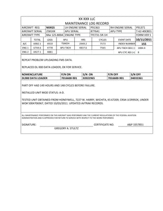 XX XXX LLC
MAINTENANCE LOG RECORD
AIRCRAFT REG NXXGS LH ENGINE SERIAL P91363 RH ENGINE SERIAL P91371
AIRCRAFT SERIAL 2581XX APU SERIAL 877641 APU TYPE T-62-40C8D1
AIRCRAFT TYPE BAe 125-800A ENGINE TYPE TFE731-5R-1H FORM VER 5
TOTAL LDGS APU HRS CYCLES EVENT DATE 10/11/2011
A/C 6982.1 4910 TSMOH 2949.2 7573 INDEX NUMBER 155
ENG 1 6744.6 4778 APU TACH 4837.6 7565 APU TACH ADJ (-) 1884.4
ENG 2 6927.1 4881 APU CYC ADJ (+) 8
REPEAT PROBLEM UPLOADING FMS DATA.
REPLACED DL-900 DATA LOADER, OK FOR SERVICE.
NOMENCLATURE P/N ON S/N ON P/N OFF S/N OFF
DL900 DATA LOADER 7016600-901 02022965 7016600-901 04033361
PART OFF HAD 149 HOURS AND 148 CYCLES BEFORE FAILURE.
INSTALLED UNIT MOD STATUS: A-D.
TESTED UNIT OBTAINED FROM HONEYWELL, 7227 W. HARRY, WICHITA, KS 67209, CRS# LV2R992K, UNDER
WO# 5004706967, DATED 10/03/2011. UPDATED AVTRAK RECORDS.
ALL MAINTENANCE PERFORMED ON THIS AIRCRAFT WAS PERFORMED IAW THE CURRENT REGULATIONS OF THE FEDERAL AVIATION
ADMINISTRATION AND IS APPROVED FOR RETURN TO SERVICE WITH RESPECT TO THE WORK PERFORMED.
SIGNATURE: CERTIFICATE NO. A&P 3357851
GREGORY A. STULTZ
 