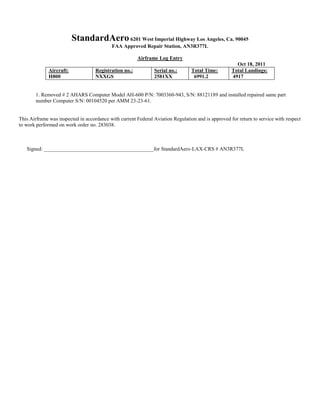 StandardAero6201 West Imperial Highway Los Angeles, Ca. 90045
FAA Approved Repair Station, AN3R377L
Airframe Log Entry
Oct 18, 2011
Aircraft:
H800
Registration no.:
NXXGS
Serial no.:
2581XX
Total Time:
6991.2
Total Landings:
4917
1. Removed # 2 AHARS Computer Model AH-600 P/N: 7003360-943, S/N: 88121189 and installed repaired same part
number Computer S/N: 00104520 per AMM 23-23-61.
This Airframe was inspected in accordance with current Federal Aviation Regulation and is approved for return to service with respect
to work performed on work order no. 283038.
Signed: __________________________________________for StandardAero-LAX-CRS # AN3R377L
 