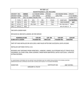 XX XXX LLC
MAINTENANCE LOG RECORD
AIRCRAFT REG NXXGS LH ENGINE SERIAL P91363 RH ENGINE SERIAL P91371
AIRCRAFT SERIAL 2581XX APU SERIAL 877641 APU TYPE T-62-40C8D1
AIRCRAFT TYPE BAe 125-800A ENGINE TYPE TFE731-5R-1H FORM VER 5
TOTAL LDGS APU HRS CYCLES EVENT DATE 11/10/2011
A/C 7007.8 4931 TSMOH 2958.6 7569 INDEX NUMBER 157
ENG 1 6770.3 4799 APU TACH 4847 7561 APU TACH ADJ (-) 1884.4
ENG 2 6952.8 4902 APU CYC ADJ (+) 8
FMS DATA LOADER INOP.
REPLACED DL-900 DATA LOADER, OK FOR SERVICE
NOMENCLATURE P/N ON S/N ON P/N OFF S/N OFF
DL900 DATA LOADER 7016600-901 98011164 7016600-901 02022965
PART OFF WAS INSTALLED ON 10/11/2011 AND FAILED AFTER ONE SUCCESSFUL DATA UPLOAD.
INSTALLED UNIT MOD STATUS: A-D.
REPAIRED UNIT OBTAINED FROM HONEYWELL, HANGAR 1 ANNEX, GULFSTREAM FACILITY TRAVIS FIELD,
SAVANNAH, GA 31402-2206, CRS# LV2D992K, UNDER WO# 5004787653, DATED 10/27/2011. UPDATED
AVTRAK RECORDS.
ALL MAINTENANCE PERFORMED ON THIS AIRCRAFT WAS PERFORMED IAW THE CURRENT REGULATIONS OF THE FEDERAL AVIATION
ADMINISTRATION AND IS APPROVED FOR RETURN TO SERVICE WITH RESPECT TO THE WORK PERFORMED.
SIGNATURE: CERTIFICATE NO. A&P 3357851
GREGORY A. STULTZ
 